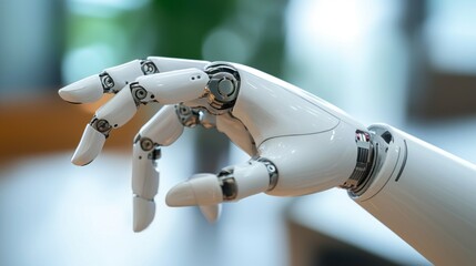 Poster - Intricately designed robotic hand reaches out, displaying sophisticated joints and movements. This futuristic creation embodies the synergy of technology and craftsmanship in a contemporary workspace