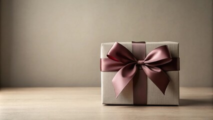 Wall Mural - A thoughtfully wrapped gift box with a luxurious satin ribbon bow sits elegantly on a neutral surface