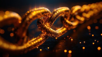 Poster - Close-up of a shimmering golden chain link with sparkling particles in a dark background