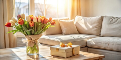 Aufkleber - Sunlit living room scene featuring a bouquet of tulips in a vase and a gift