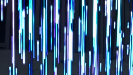 Poster - vertical light trails in shades of blue and white fall against a dark background, creating a dynamic