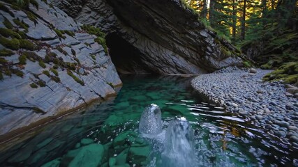 Aufkleber - Tranquil oasis with clear water and mossy rocks surrounded by towering trees in lush forest