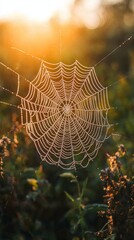 Wall Mural - Delicate spider web glistens with dew drops under the warm morning sunlight, creating a stunning contrast against a lush green background