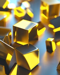 Poster - Yellow metallic cubes with bright highlights and deep contrasting shadows abstract background