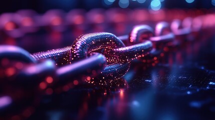 Poster - Close-up of a vibrant, glowing chain link with colorful bokeh background, symbolizing strength