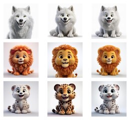 Poster - A grid showcasing the 3D modeling process of adorable cartoon animals: a wolf, lion, and snow leopard.  Stages show progression from initial sketch to final furry render.