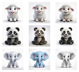 Poster - Adorable 3D render of baby animals: lambs, pandas, and elephants in various poses.  Each animal has a cute, cartoonish style.