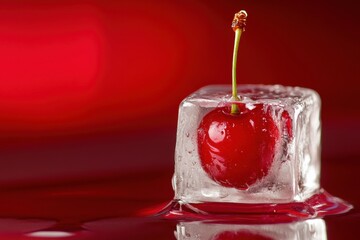 Wall Mural - A Single Red Cherry Frozen In An Ice Cube