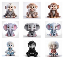 Leinwandbilder - Adorable 3D rendered baby animals and a child sitting, showcasing charming expressions and soft textures.  Variations in color and pose add visual appeal.