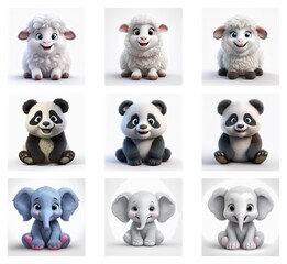 Aufkleber - Adorable 3D renderings of baby sheep, pandas, and elephants in a grid.  Each animal is depicted in three slightly different poses, showcasing their cute features.