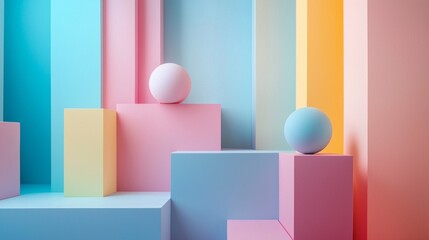 Aufkleber - Colorful geometric forms in varying pastel shades create an abstract aesthetic. Soft spheres sit atop vibrant blocks, inviting creativity and visual intrigue. The light adds warmth to the design