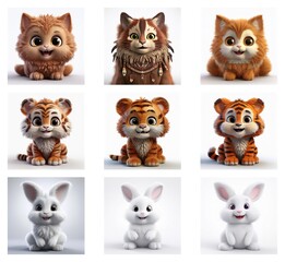 Poster - Nine adorable 3D-rendered animal portraits: fluffy cats, playful tiger cubs, and sweet bunnies.  Variations in pose and fur add charm.
