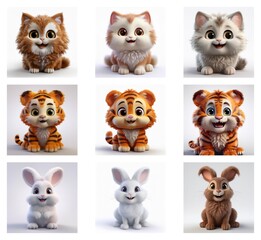 Poster - Adorable 3D rendered kittens and bunnies with variations in fur color and tigers with different shades of orange.  Charming, cartoonish style.