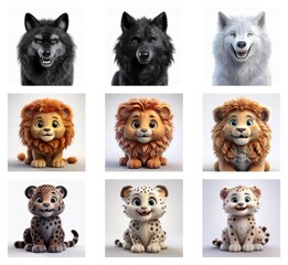 Poster - A charming grid showcasing stylized 3D renderings of wolf and lion cubs in various color palettes.  The cute animals exhibit playful expressions.