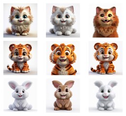 Poster - Adorable cartoon kittens, tigers, and bunnies in various colors and poses.  Delightful digital art featuring fluffy creatures.