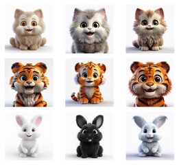 Aufkleber - Adorable 3D renderings of kittens and tiger cubs, plus bunnies, showcasing fluffy textures and expressive faces.  A delightful collection of cartoon animals.
