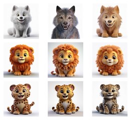 Poster - A collage showcasing adorable cartoon renderings of arctic fox, wolf, and lion cubs in various poses and color variations.  Each animal is depicted with a cheerful expression, offering a charming and 