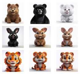 Poster - Adorable 3D-rendered animals:  brown, black, and white bears; black, brown, and white rabbits; and orange tigers.  Each animal is sitting and appears friendly.