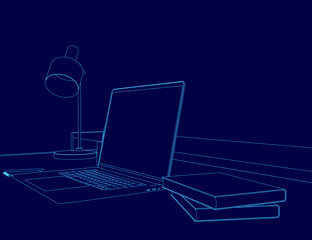 Poster - A laptop is on a desk with a lamp next to it. The laptop is open and the lamp is turned on. The scene is simple and minimalistic, with a focus on the laptop and the lamp