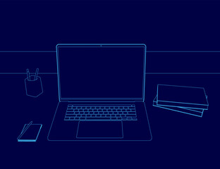 Poster - A laptop is on a desk with a pen and a notebook. The notebook is on the desk as well. Scene is focused and productive