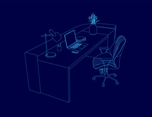 Poster - A blue drawing of a desk with a laptop, a lamp, and a potted plant. The desk is empty, but the laptop is on it. The chair is positioned in front of the desk