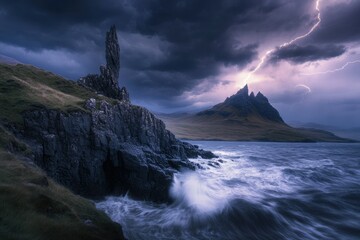Wall Mural - Dramatic coastal landscape with a lightning strike over rugged mountains and a turbulent sea.