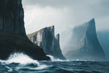 Wall Mural - Dramatic coastal cliffs battered by stormy waves and lightning strikes under a moody sky.