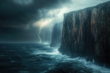 Wall Mural - Dramatic lightning strikes over stormy ocean near dark cliffs.