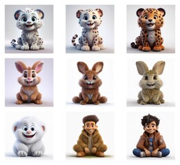 Poster - Adorable 3D renderings of cute baby animals and children sitting.  Variations in fur color and textures are showcased.