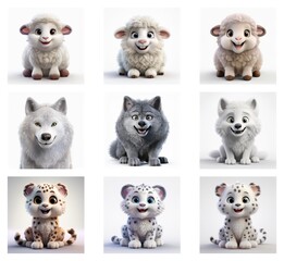 Poster - Nine adorable cartoon animals: three fluffy lambs and three wolves in varying shades of white and grey, plus three snow leopards.  Each animal is presented in a cute, friendly pose.