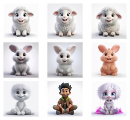 Poster - Nine charming 3D renderings showcase adorable lambs, bunnies, and whimsical creatures.  Soft textures and cheerful expressions highlight their youthful appeal.