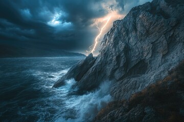 Wall Mural - Lightning strikes a rocky cliff during a dramatic stormy ocean scene.
