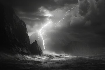 Wall Mural - A dramatic black and white image depicting a lightning strike over a stormy sea and rugged cliffs.