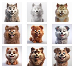 Poster - Nine adorable cartoon canines, varying in breed and fur color,  display cheerful expressions.  They're rendered in a fluffy, 3D style, perfect for children's media.