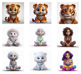 Poster - Adorable 3D rendered characters, including tiger cubs and fluffy creatures, sit in various poses.  They showcase diverse fur colors and hairstyles, demonstrating digital art skills.