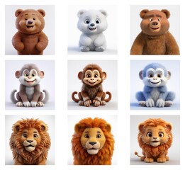 Poster - Adorable 3D renderings of baby animals: brown bear, polar bear, monkeys, and lions.  Various fur colors and textures showcase charming expressions.