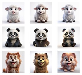 Poster - Nine adorable 3D rendered baby animals: three lambs, three pandas, and three fluffy puppies. Each animal is sitting and smiling, showcasing variations in fur texture and color.  They are charming and 