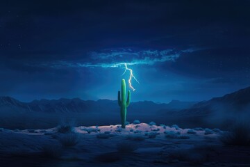 Wall Mural - A lone saguaro cactus stands silhouetted against a dramatic night sky, illuminated by a lightning strike.