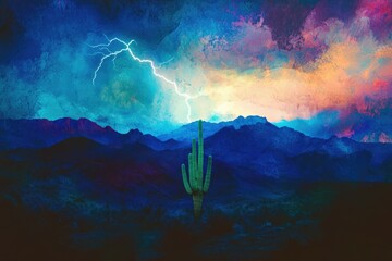 Wall Mural - A lone saguaro cactus stands silhouetted against a dramatic desert storm, lightning illuminating the mountains.