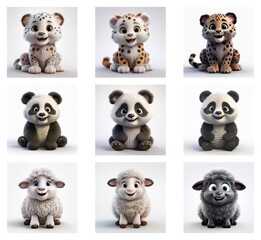 Poster - Adorable 3D renderings of baby animals: snow leopard, leopard,  panda, and sheep in various color schemes.  Each cub sits in a cute pose against a plain background.
