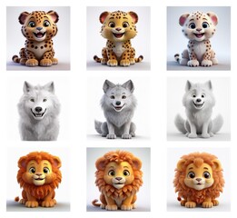 Poster - Adorable 3D renderings showcase the evolution of three cute baby animals: a cheetah, wolf, and lion.  Stages of fur texturing and color are depicted, demonstrating the digital art process.