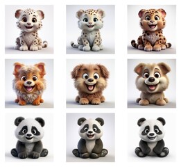 Poster - Adorable cartoon cubs and puppies in a 3x3 grid.  Each animal is depicted in a sitting position with a cheerful expression.  Variations in fur color and pattern are visible.