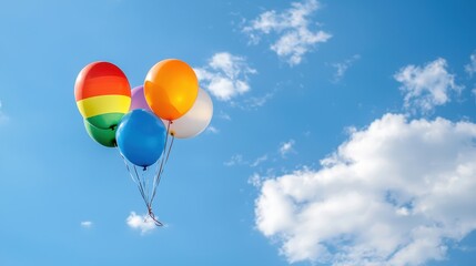 Bunch of colorful helium balloons floating in a clear blue sky during daylight