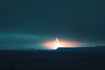 Wall Mural - Lightning strikes a mesa in a dark, dramatic desert landscape at sunset.