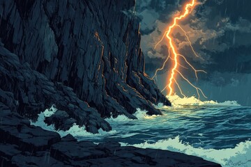 Wall Mural - Dramatic lightning strikes over a dark, stormy sea crashing against a rugged cliff face.