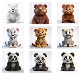 Poster - Adorable cartoon animals in a 3x3 grid.  Each row features variations of a bear, cheetah, and panda, showcasing different fur colors and textures.  Cute, playful, and perfect for children's media.