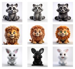 Poster - Adorable cartoon animals in a 3x3 grid.  Three variations of raccoons, lions, and rabbits are shown, each with different fur colors.  The style is cute and fluffy.