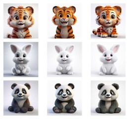 Poster - Adorable 3D renderings of baby tigers, rabbits, and pandas in various poses.  Each animal has a cute, cartoonish style.