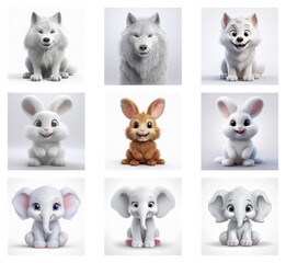 Poster - Nine adorable cartoon animals: three arctic wolves, bunnies, and baby elephants in varying colors, sit against a simple white background.  Each animal displays a friendly, cartoonish expression.