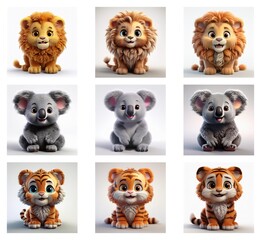Poster - Adorable, cartoonish renderings of lion cubs and koalas sitting against a white background.  Variations in pose and fur detail.  Perfect for children's products.